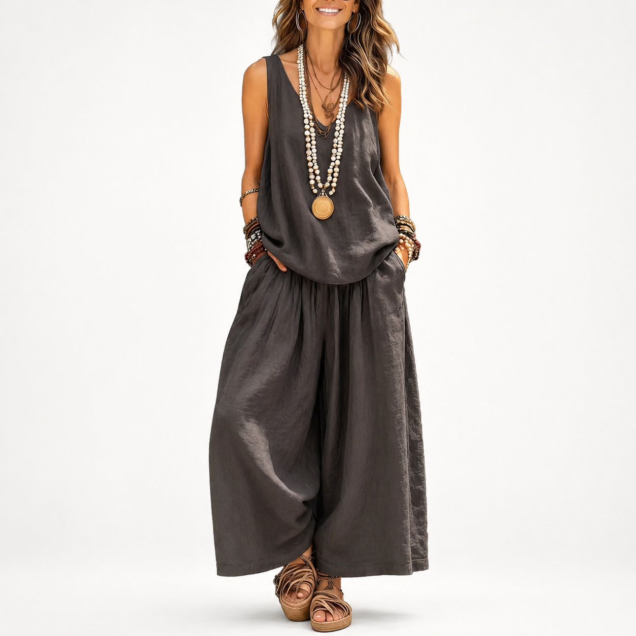Woman wearing a gray sleeveless top and wide-leg pants on a white background