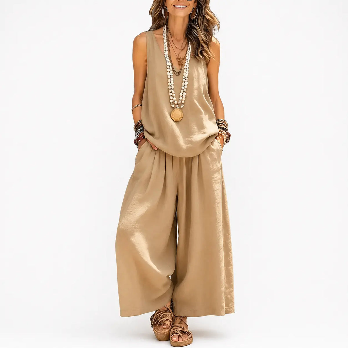 Woman wearing a beige sleeveless top and wide-leg pants on a white background