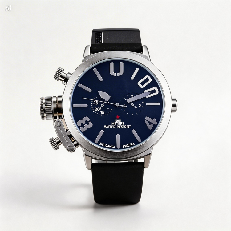 Wristwatch with black strap and blue dial on a white background