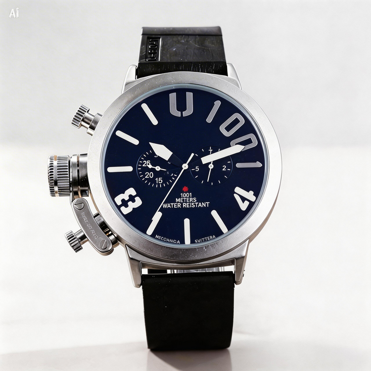 Wristwatch with black strap and blue dial on a white background
