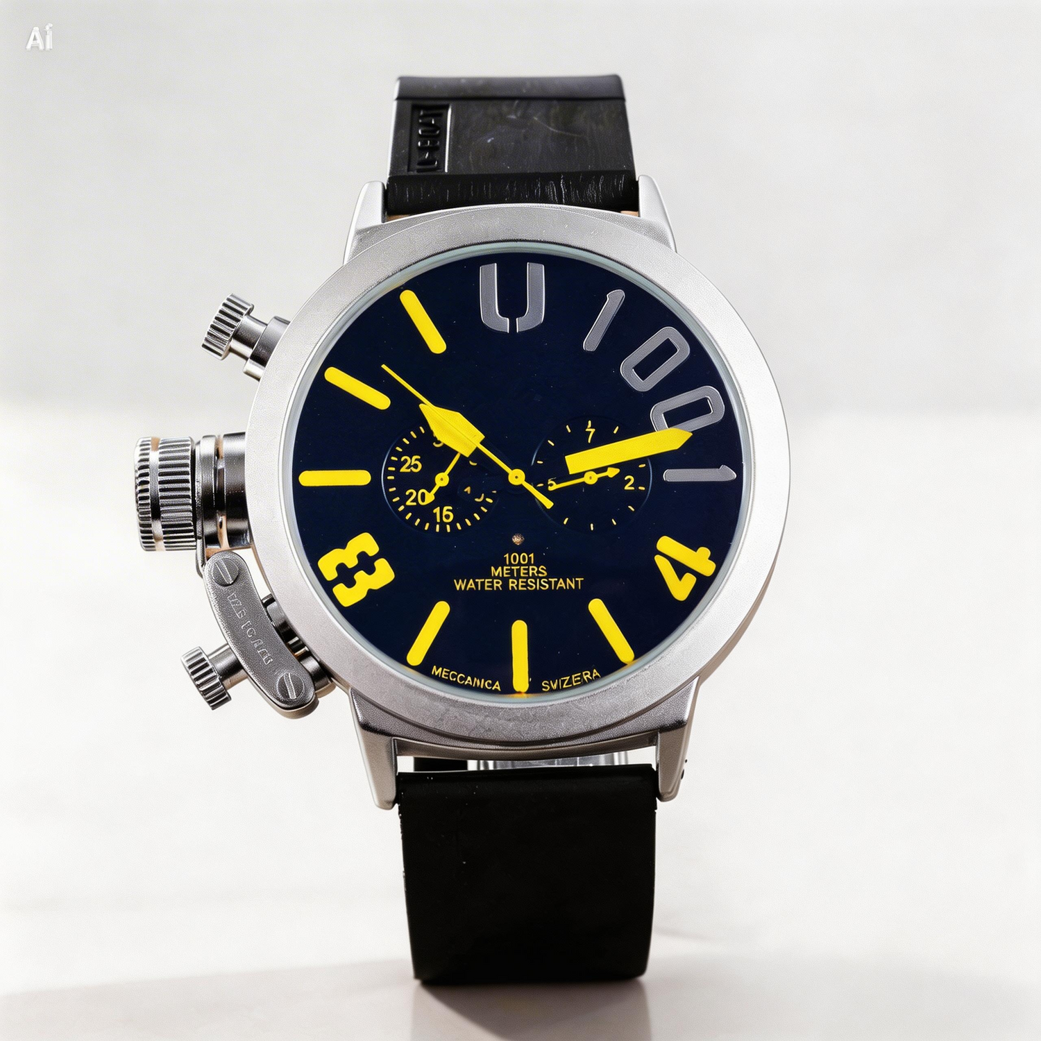 Wristwatch with black strap and blue dial on a white background