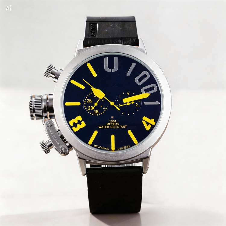 Wristwatch with black strap and blue dial on a white background