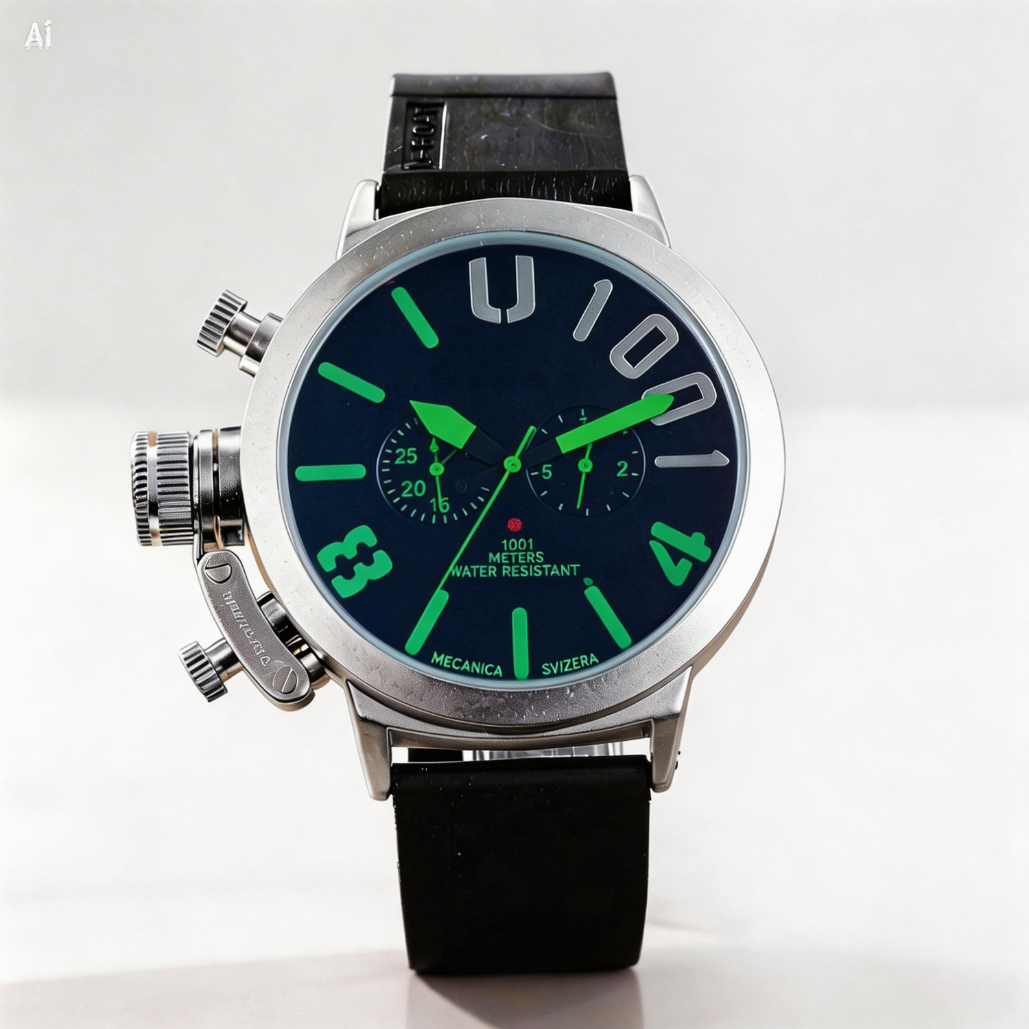 Wristwatch with black strap and green glowing face on a white background