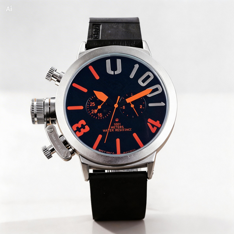 Wristwatch with black strap and orange accents on a white background