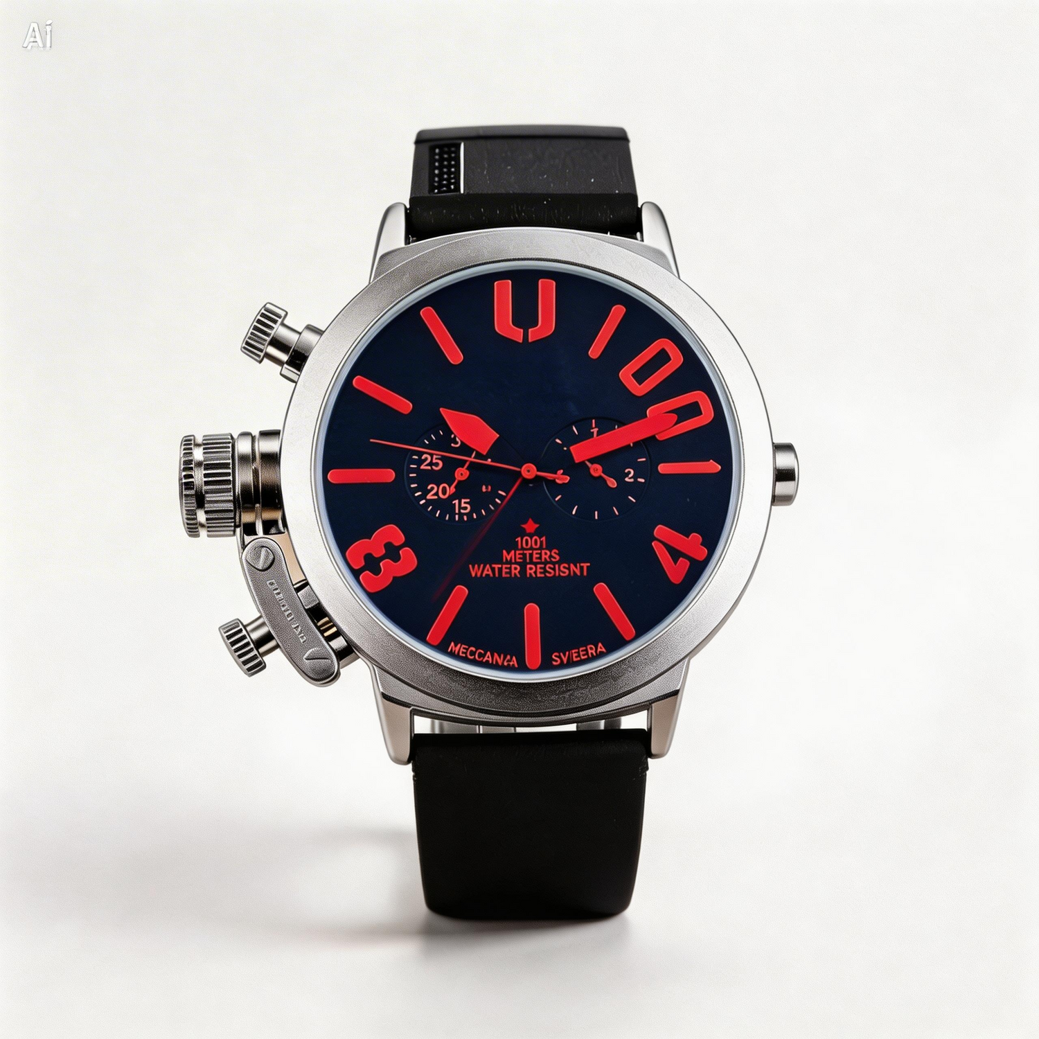 Wristwatch with black strap and red hour markers on a white background