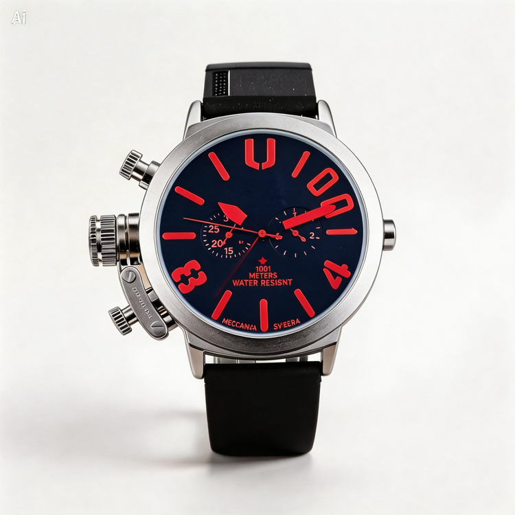 Wristwatch with black strap and red hour markers on a white background