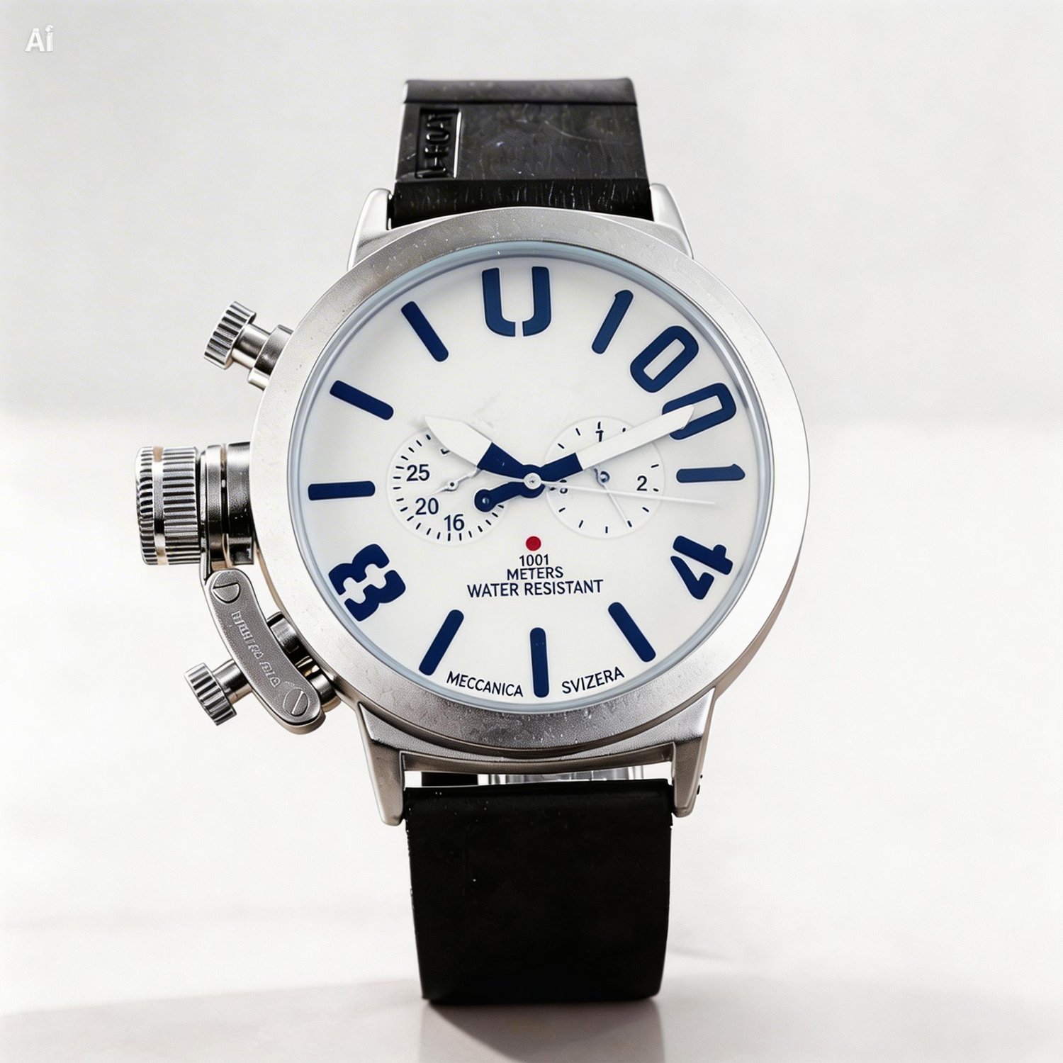 Wristwatch with black strap and white face displaying blue hour markers on a light gray background