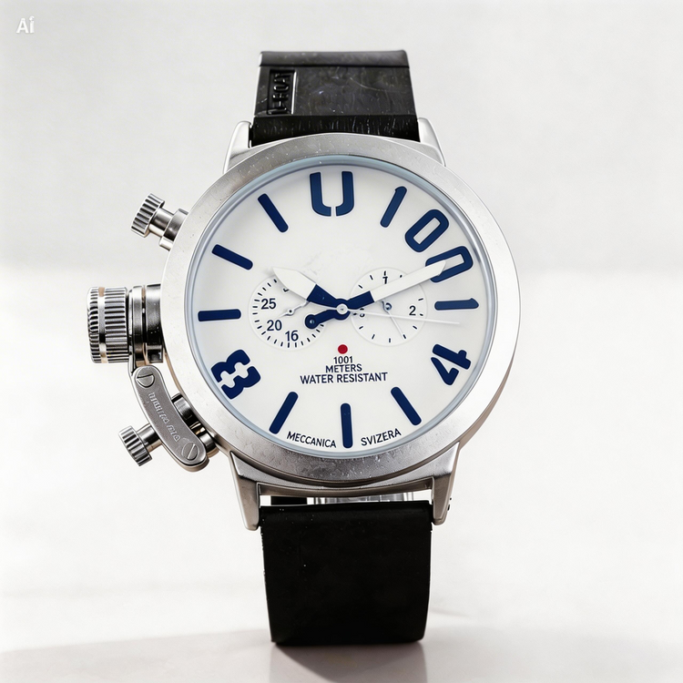 Wristwatch with black strap and white face displaying blue hour markers on a light gray background
