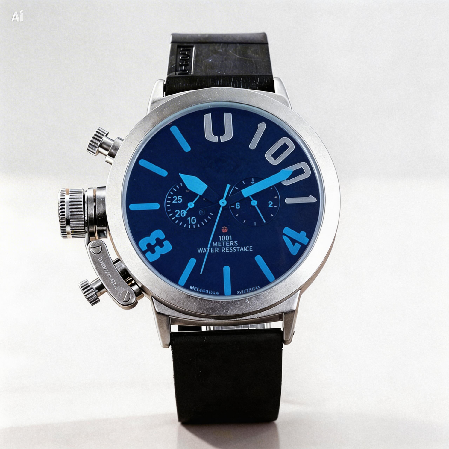Wristwatch with blue dial and black strap on a white background