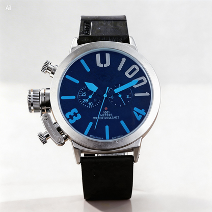 Wristwatch with blue dial and black strap on a white background
