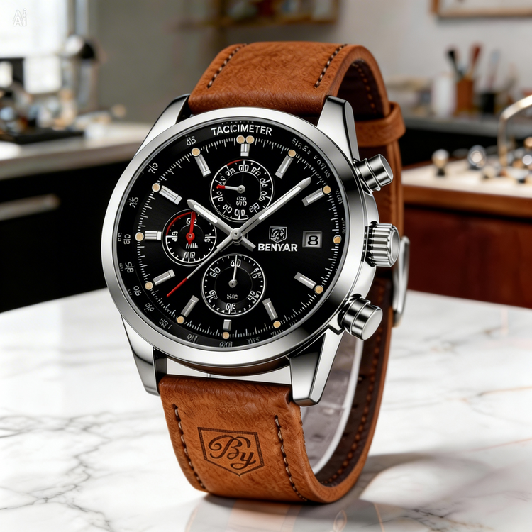Wristwatch with brown leather strap and black dial on a marble surface