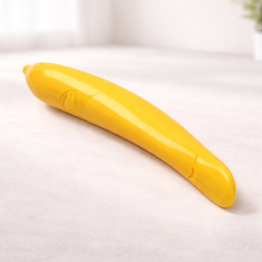 Yellow banana-shaped object on a white background
