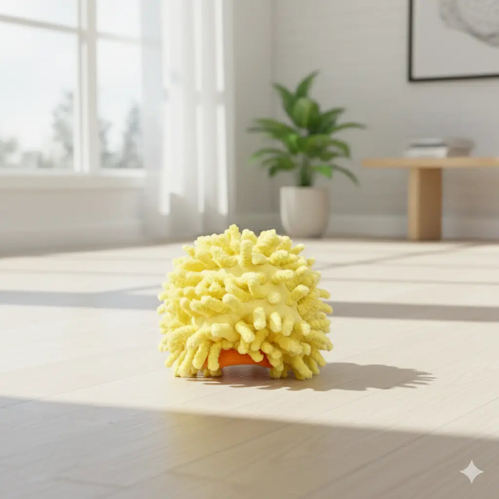 Self-launching bouncy dog toy with plush cover yellow fuzzy ball on wooden floor near window