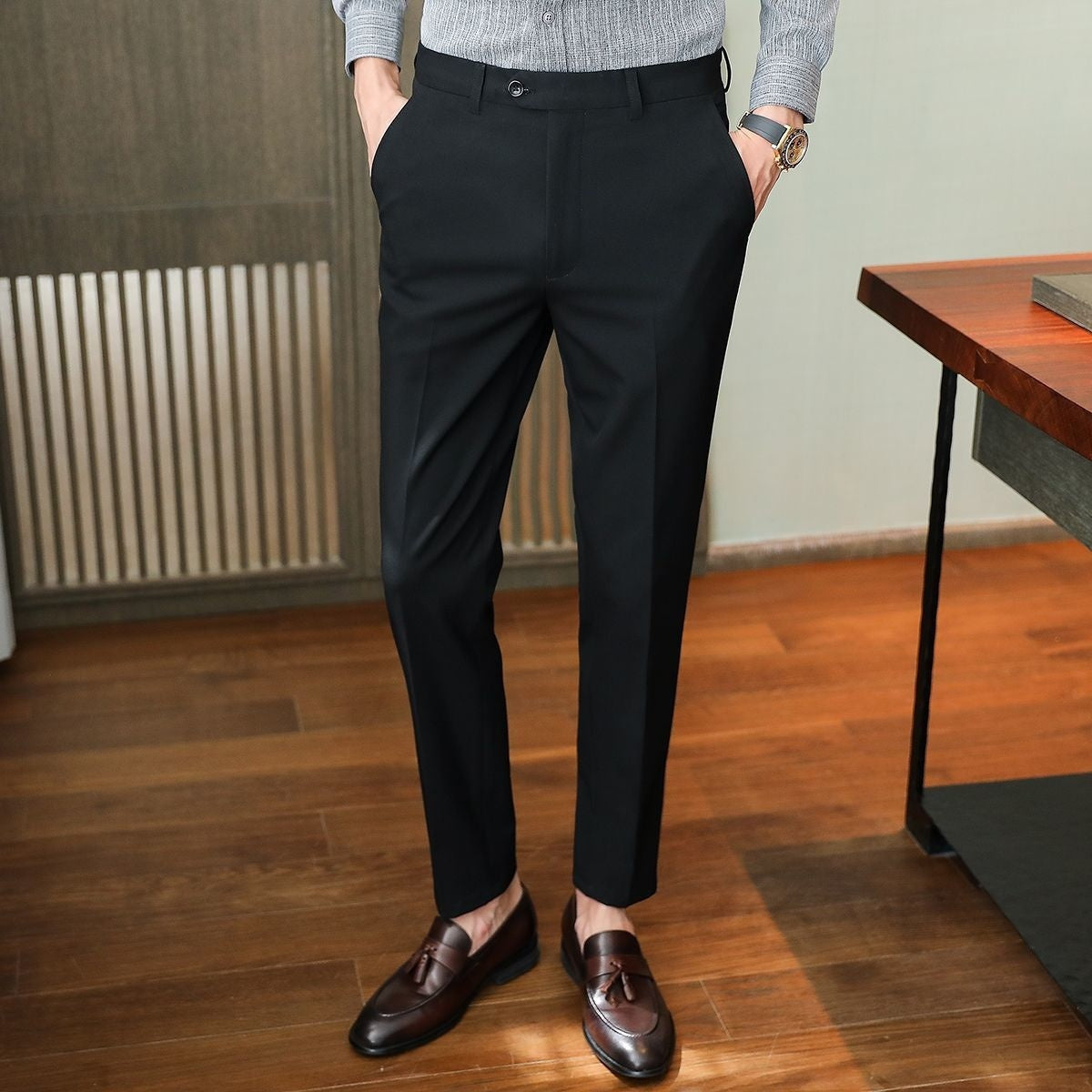 Business Trendy Cropped Non-ironing Suit Pants Black Trousers