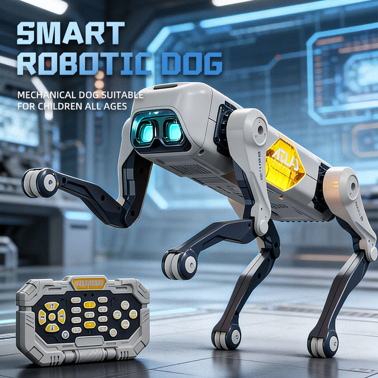 White robotic dog toy with glowing blue eyes and remote control in futuristic room.