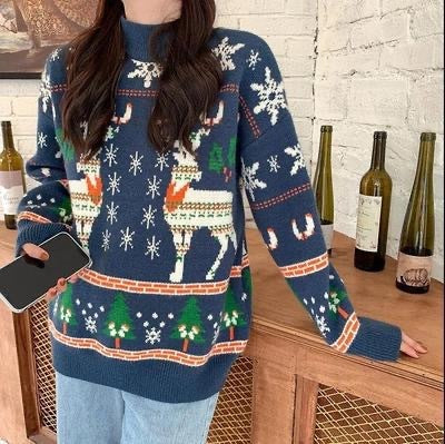 Fashion Christmas Clothes Elk Sweater For Women Sapphire Blue Free Size