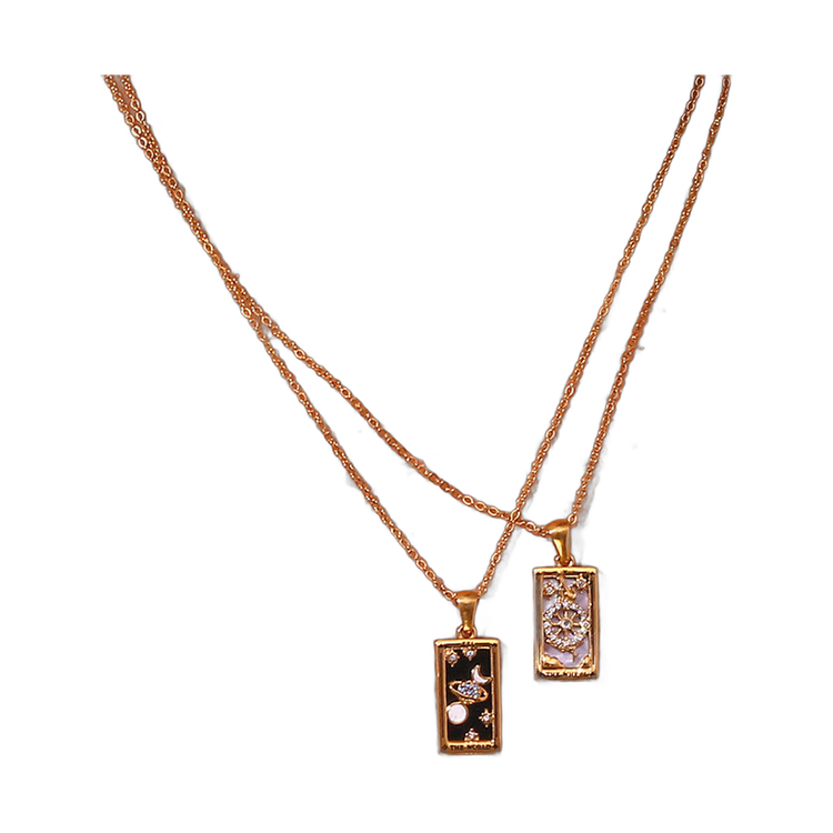 gold chain necklace featuring a rectangular pendant with the star tarot card design