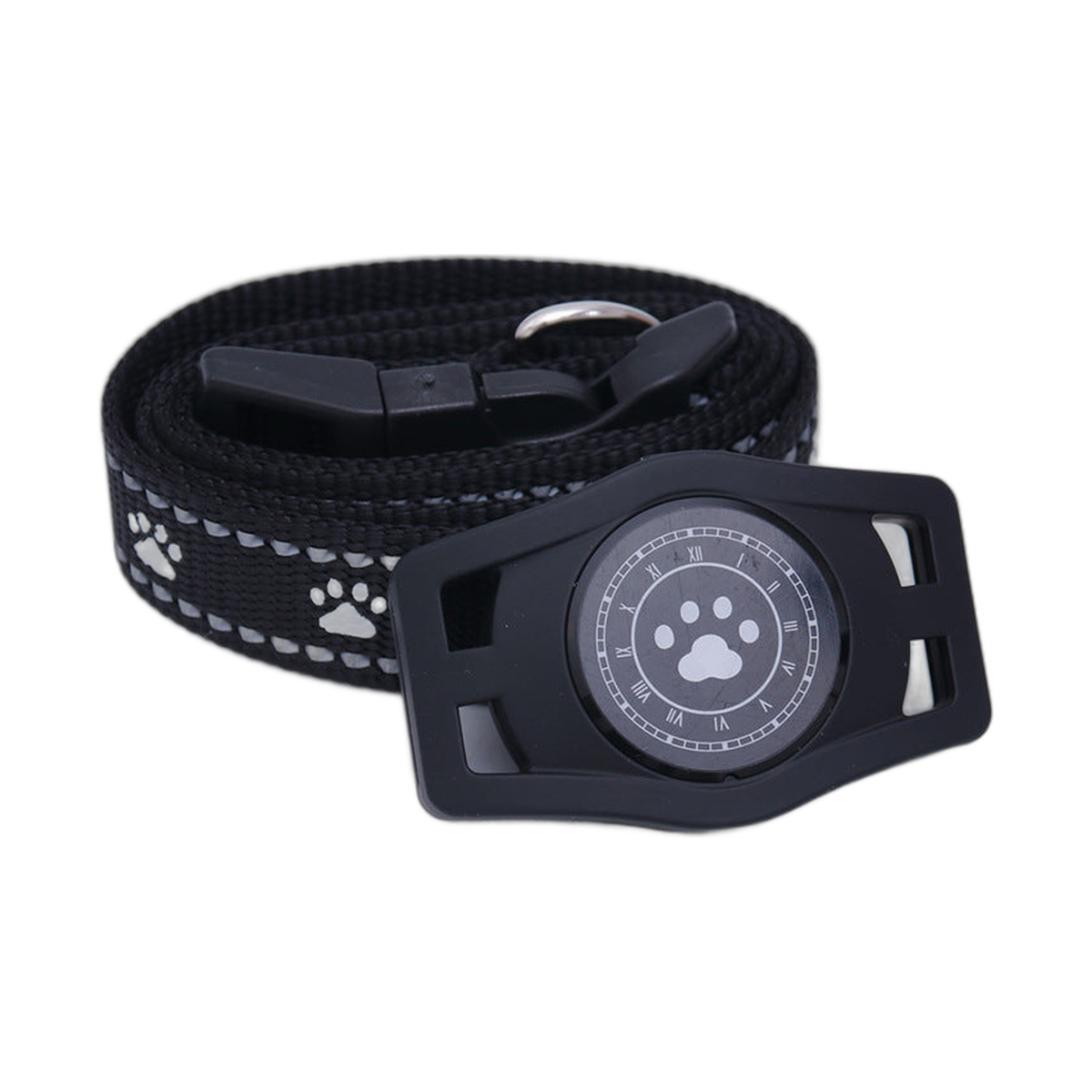 black pet collar with gps tracker featuring a paw print on the front