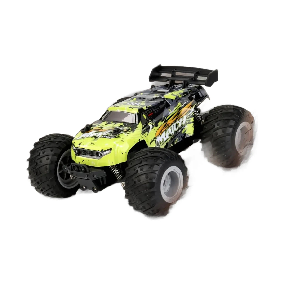 a yellow and black toy car speeding on a dirt track with a hand holding its remote control