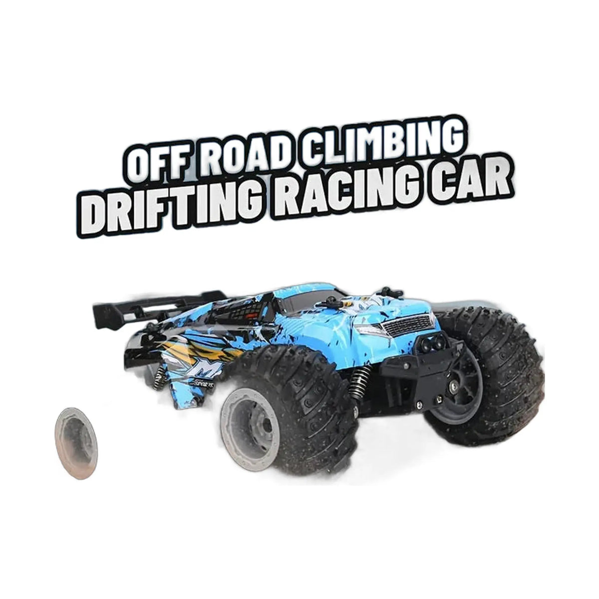 a blue off-road toy car being controlled by a hand holding a remote in a dusty environment