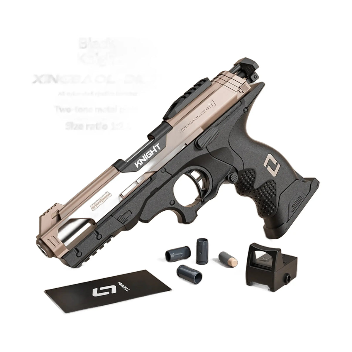 soft bullet toy gun in black and gold with knight branding and accessories displayed