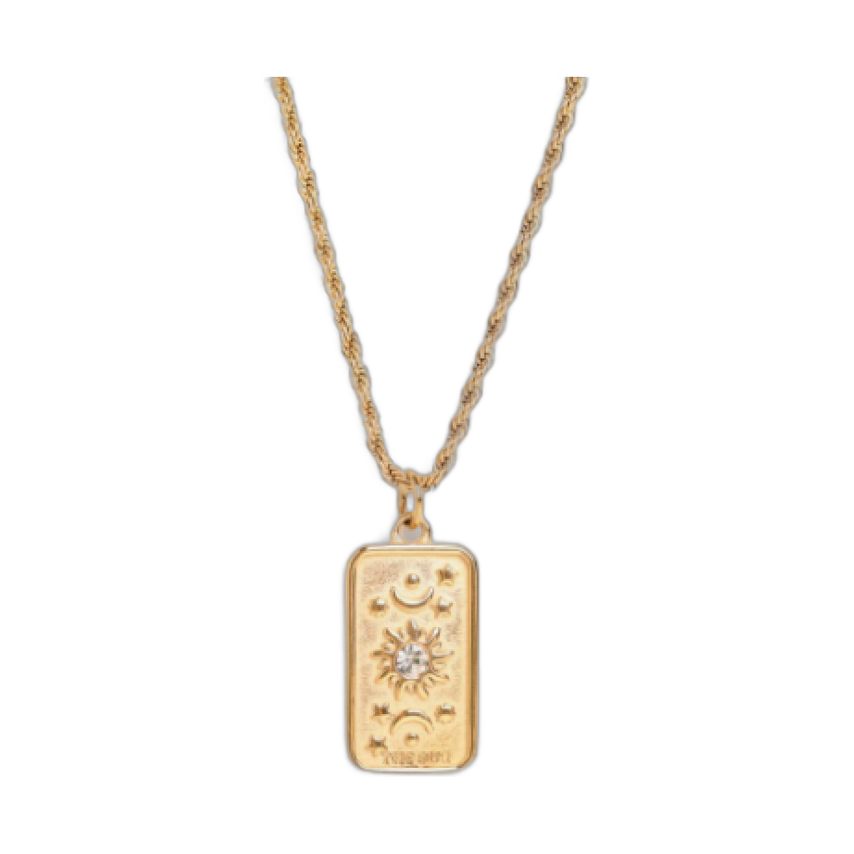 gold tarot necklace with rectangular pendant featuring sun design and sparkling stone