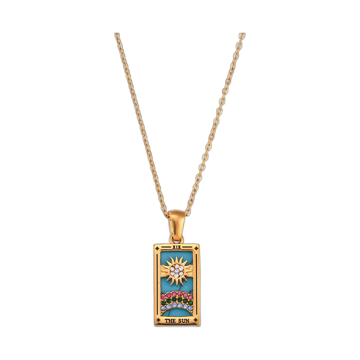 tarot necklace with gold chain and colorful sun pendant featuring gemstones