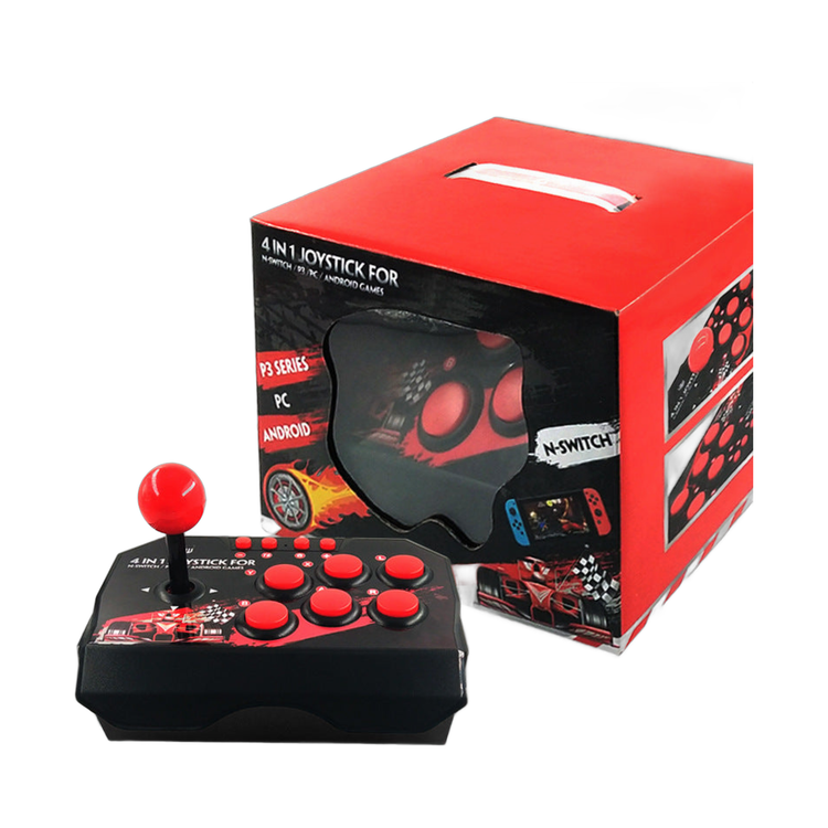 black and red wired joystick with red buttons and packaging box