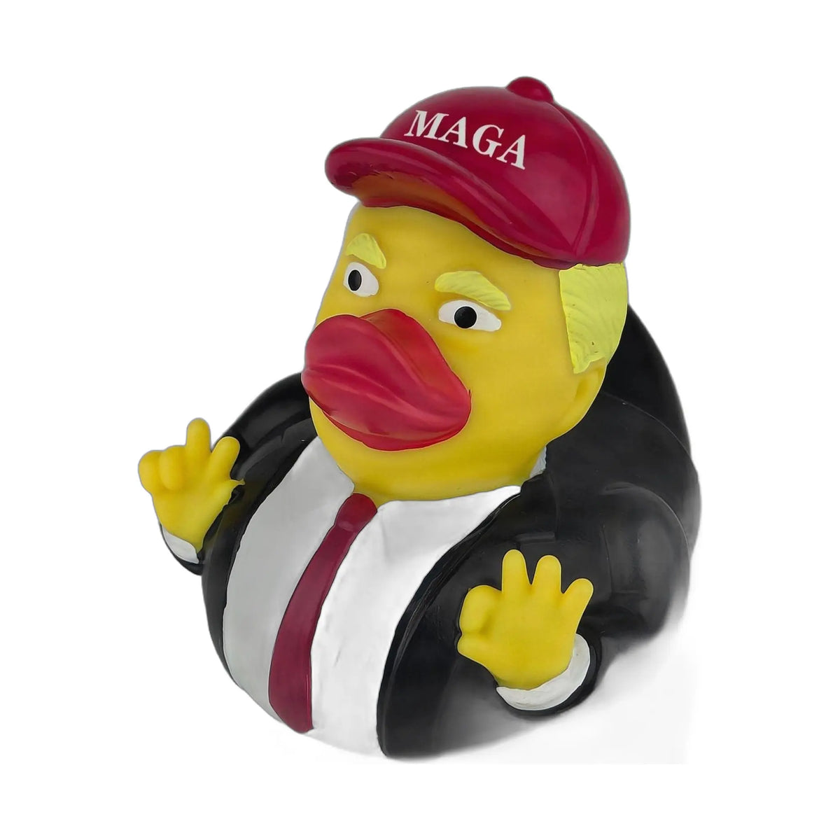 Yellow vinyl duck toy wearing a black suit and a red cap with white text on a white background.