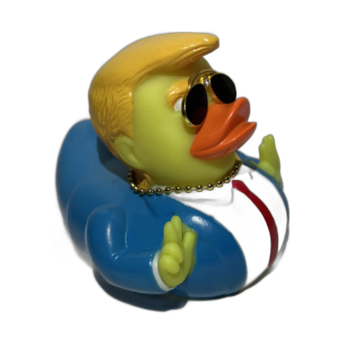 A yellow rubber duck with blonde hair and sunglasses, wearing a blue jacket and gold beaded necklace.