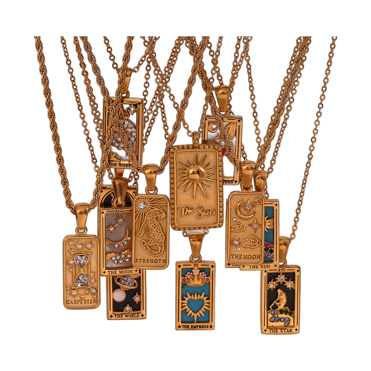 tarot necklace with gold carpe diem pendant featuring heart and stars