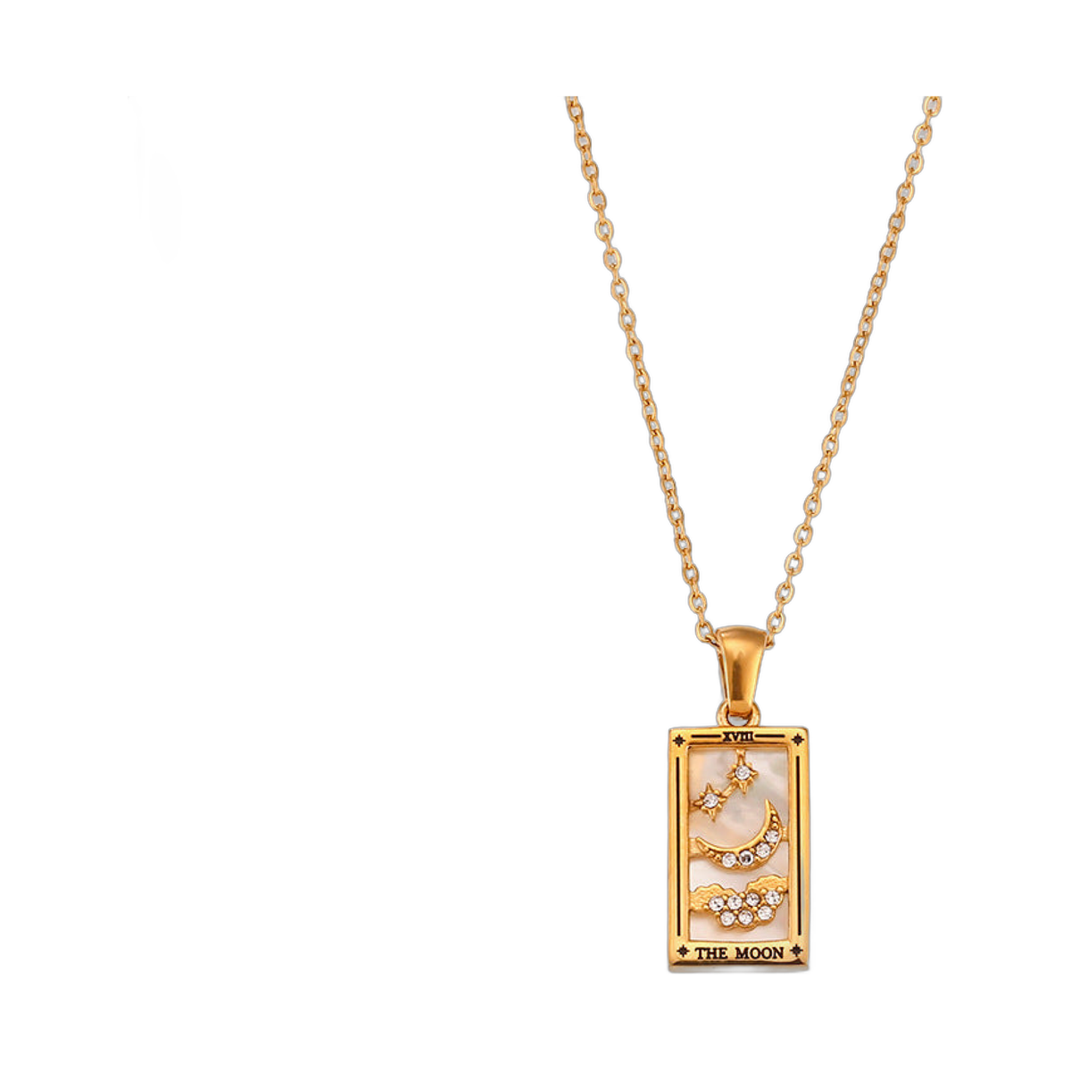 tarot necklace with gold chain and rectangular pendant featuring moon design
