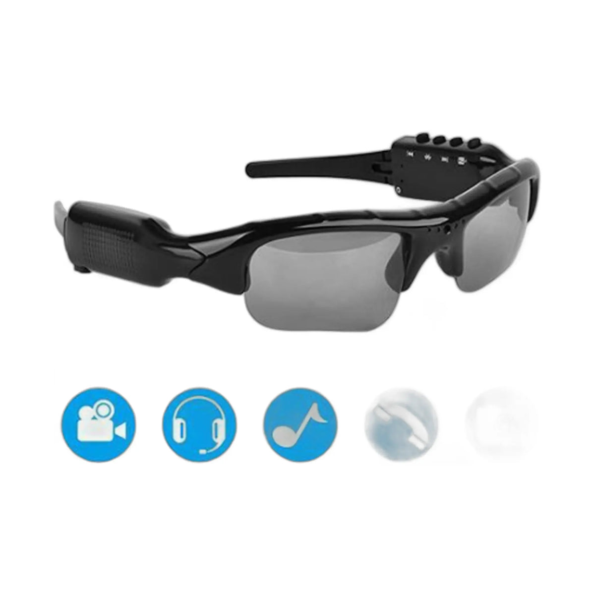 black camera sunglasses with bluetooth features and red text indicating two pieces
