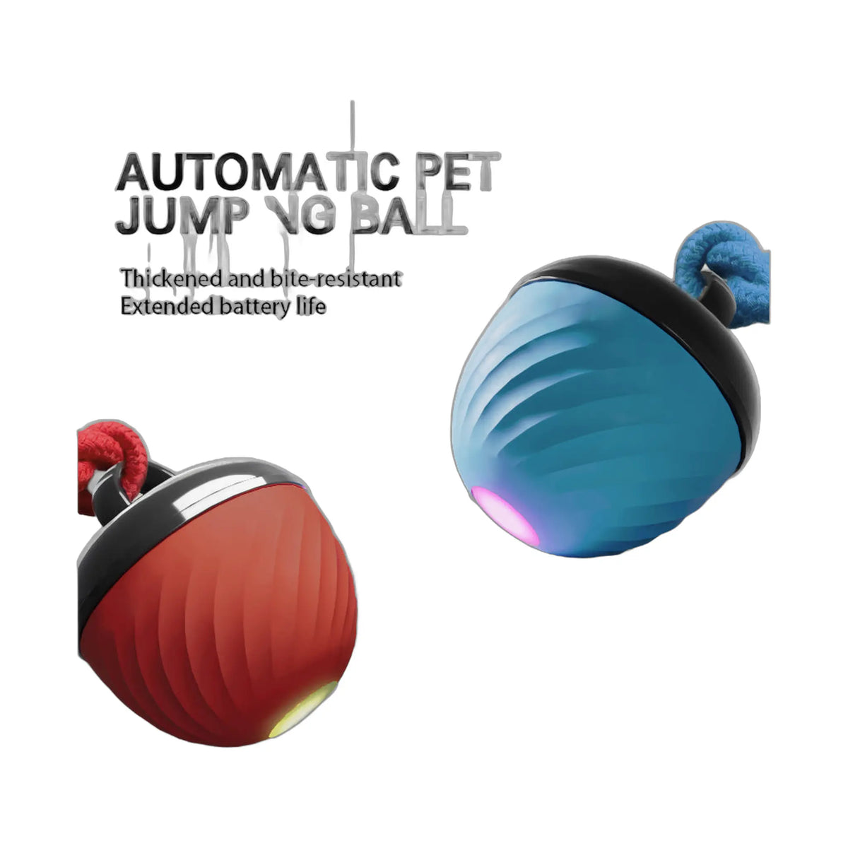 Red interactive dog toy ball with rope handle and glowing light