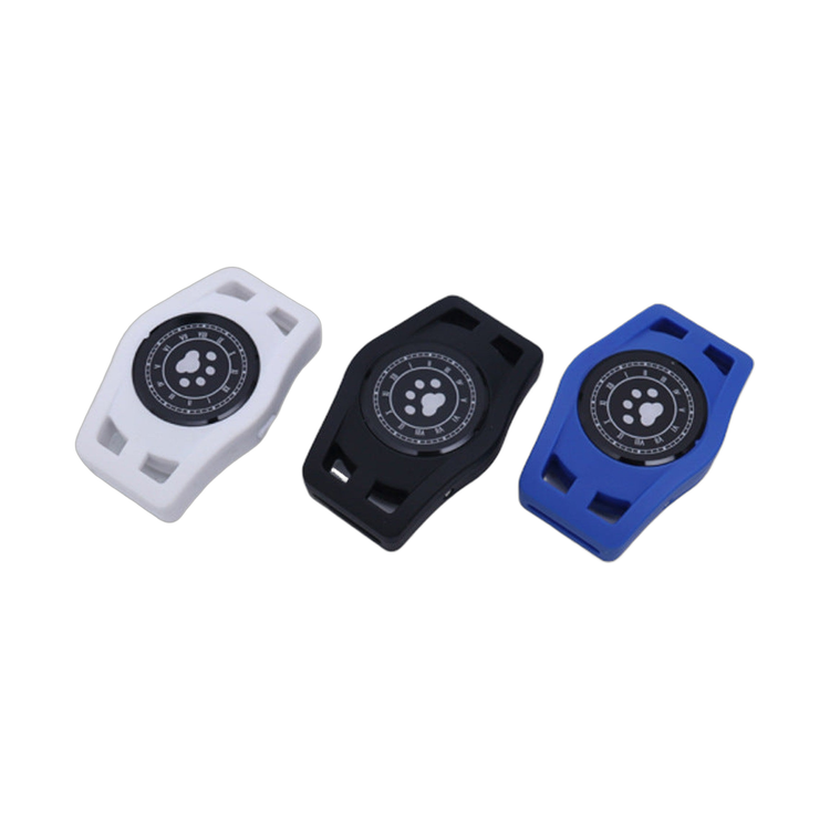three pet gps trackers in white black and blue with paw print design
