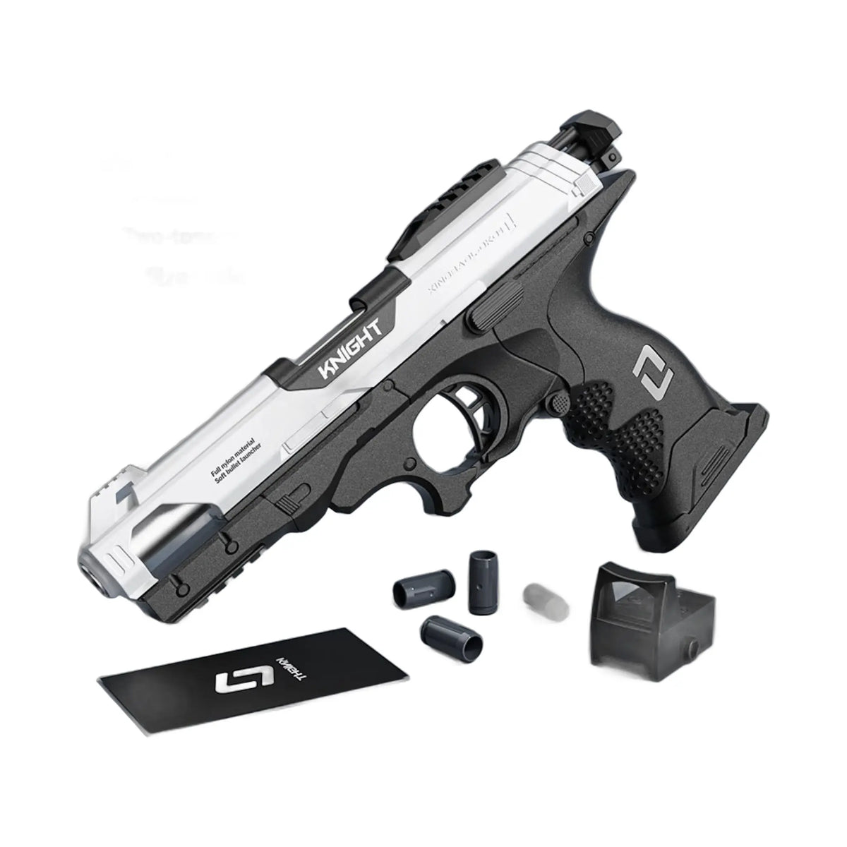 A standalone view of the two-tone bronze and black soft bullet toy gun, presented on a clean white background.