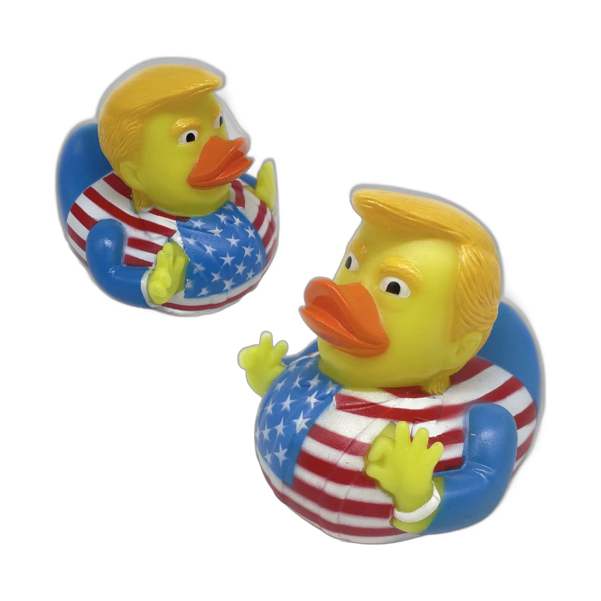 side view of a yellow rubber duck dressed in a blue suit and white shirt