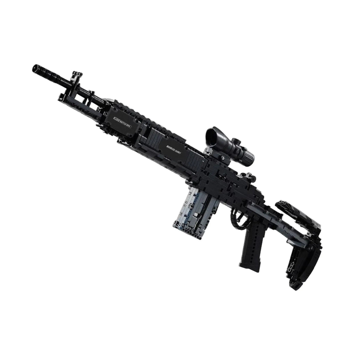 a detailed black building block model of a sniper rifle with scope and magazine against a white background