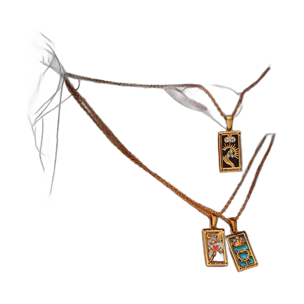 Tarot necklace stainless steel pendant featuring three tarot card designs on gold chains against a white background