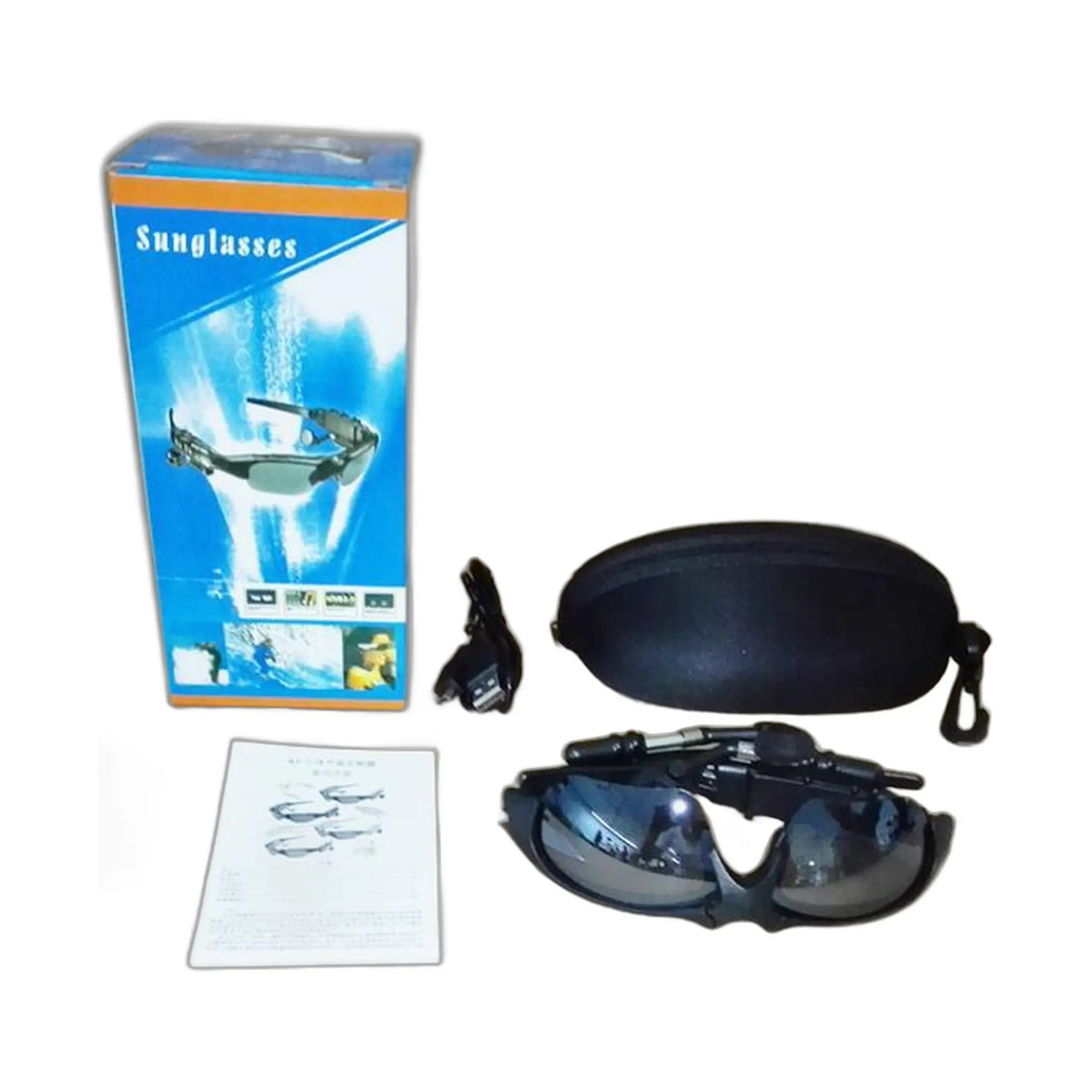 black camera sunglasses with bluetooth capabilities and red text showing three pieces