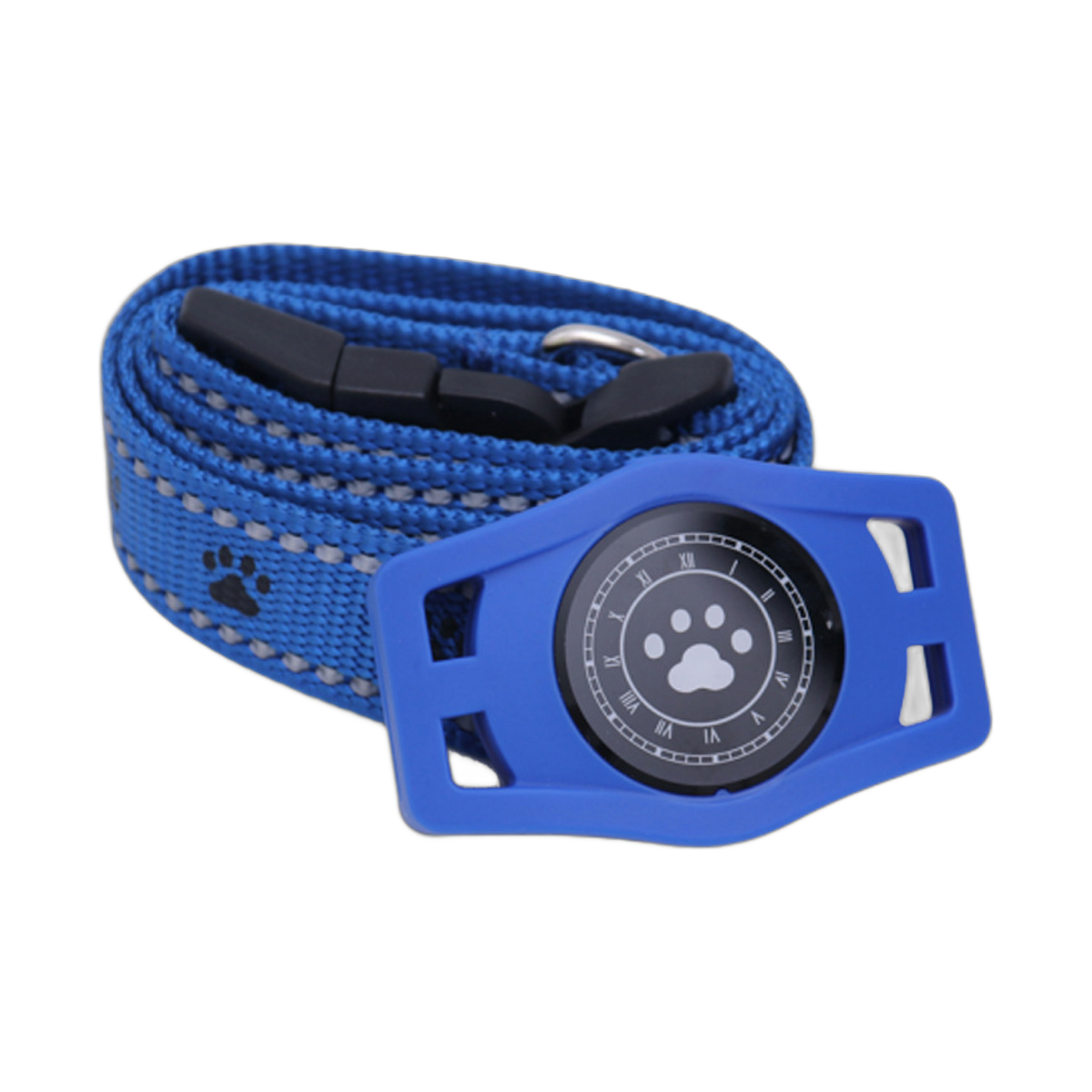 Pet gps tracker with waterproofing, blue fabric collar with black plastic buckle and blue tracker device attached