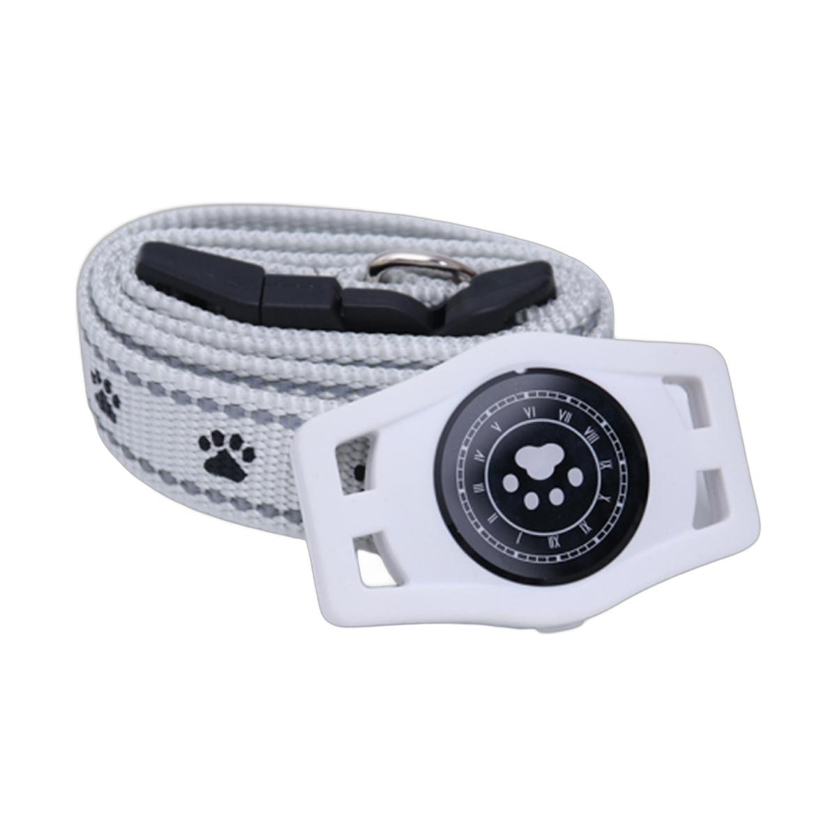 Pet gps tracker with waterproofing, stay connected white plastic device attached to gray fabric collar with paw prints