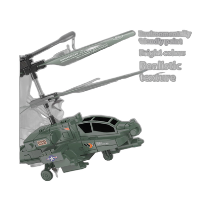 A green remote control Apache helicopter toy flying with arrows indicating its precision gyroscope and simple operation.