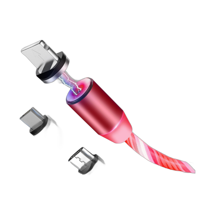 flowing light magnetic charging cable for all phones with red and white striped design and three connector tips shown