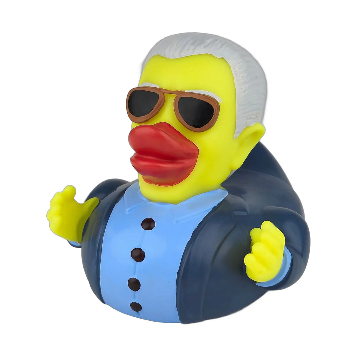 Squeaky duck bath toy, yellow vinyl character with grey hair, red lips, sunglasses, and a blue suit jacket.