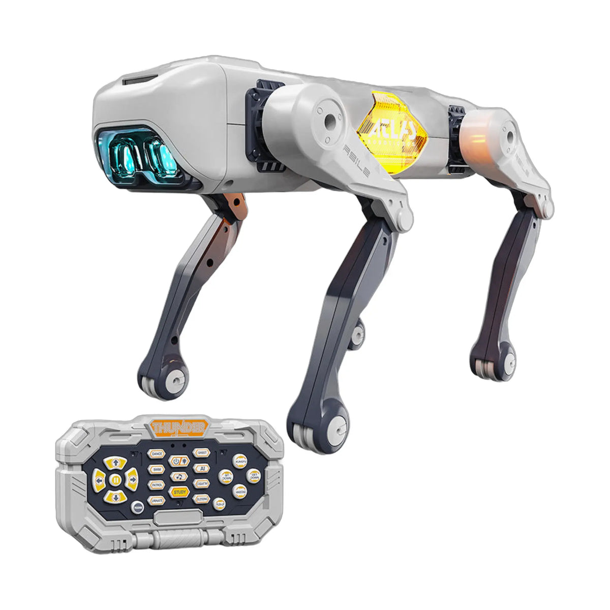 Robot dog toy for kids with app control and voice commands, silver and black with blue eyes, shown with remote control