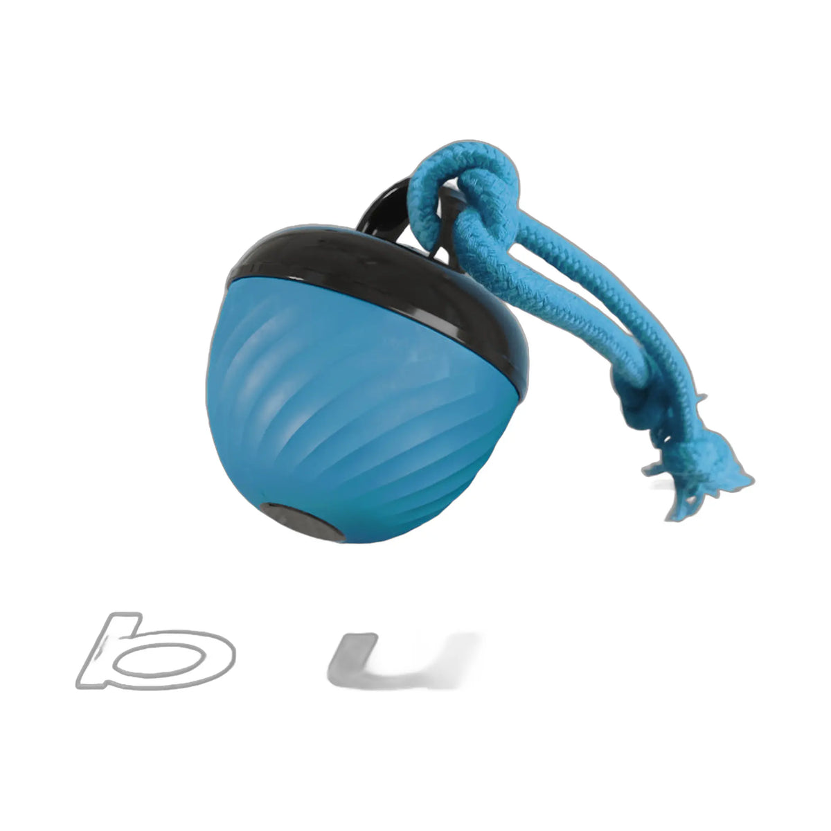 Interactive Dog Toy Ball in blue with a black rim and attached teal rope lead.