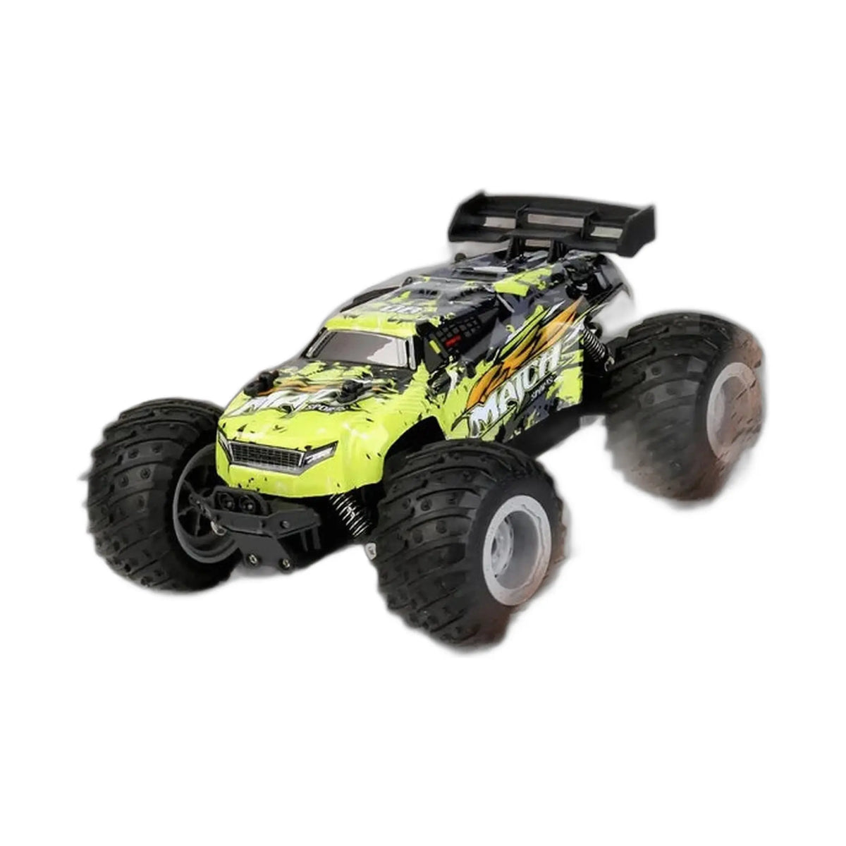 a blue toy car with large tires driving through dirt under a blue sky
