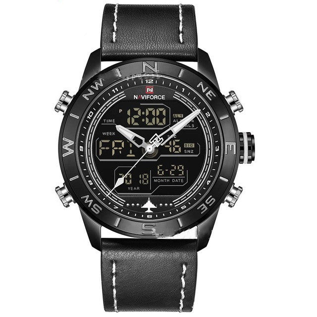 NAVIFORCE 9144 Fashion Gold Men Sport Watches Mens LED Analog Digital Watch Army Military Leather Quartz Watch Relogio Masculino Black white
