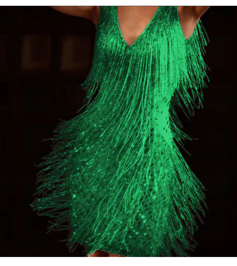 Tassel Elegant Deep V Camisole Gown Dress For Women Green